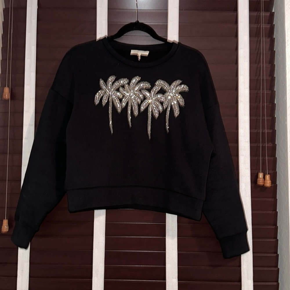 Womens Black Tzar Rhinestone Palm Tree Cotton Sweater